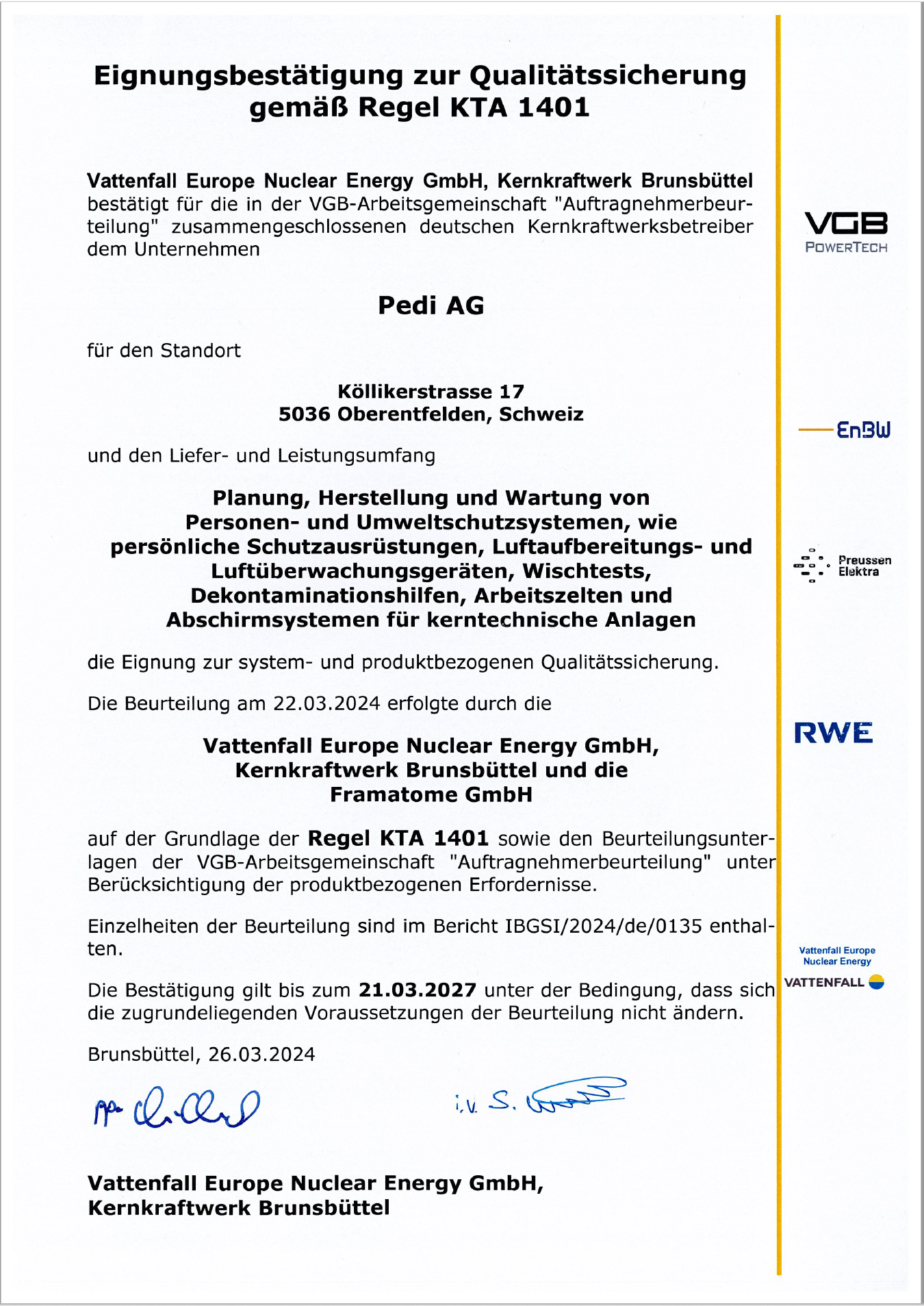 KTA 1401 Zertifikat von Wattenfall