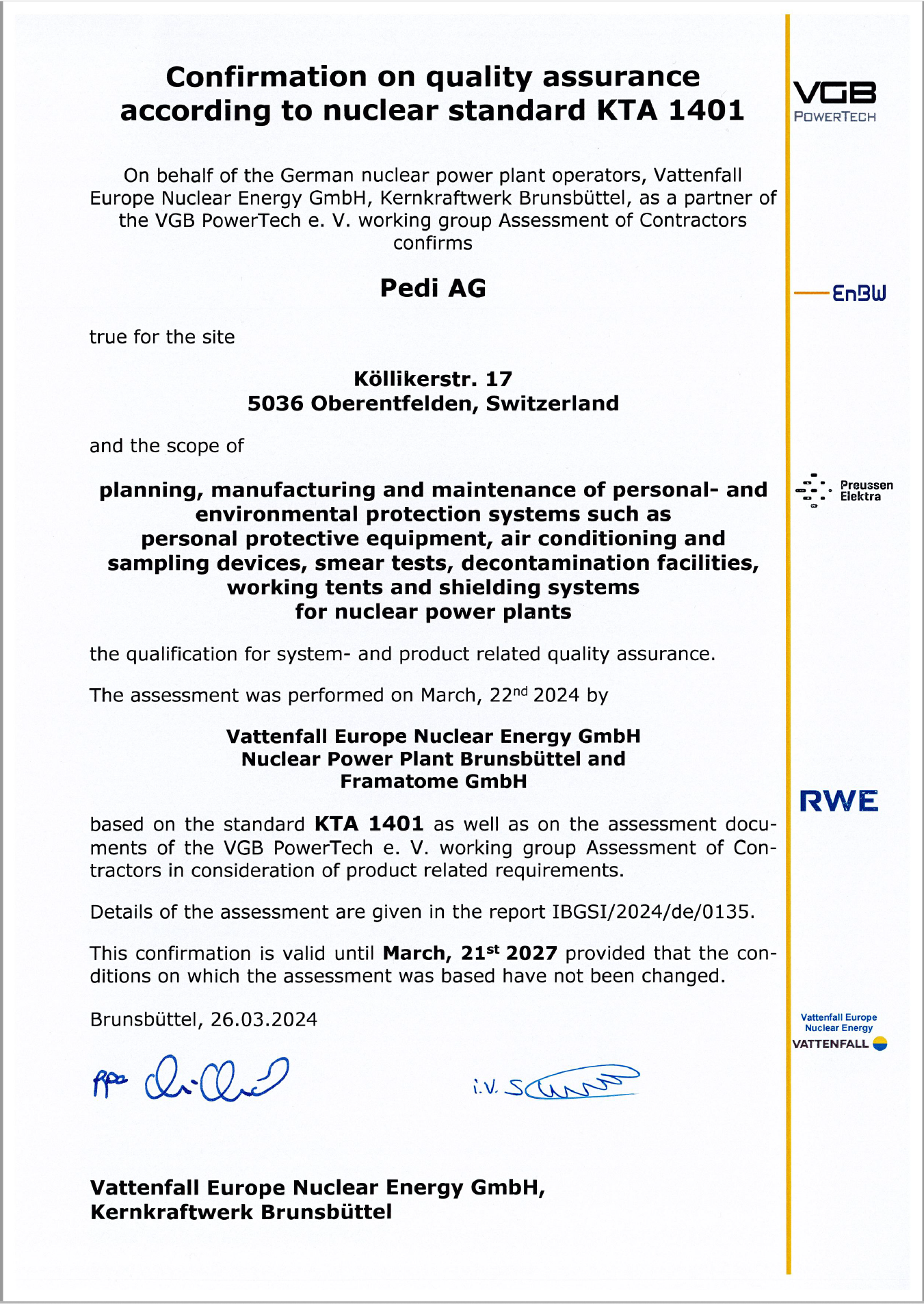 KTA 1401 Certificate of Vattenfall